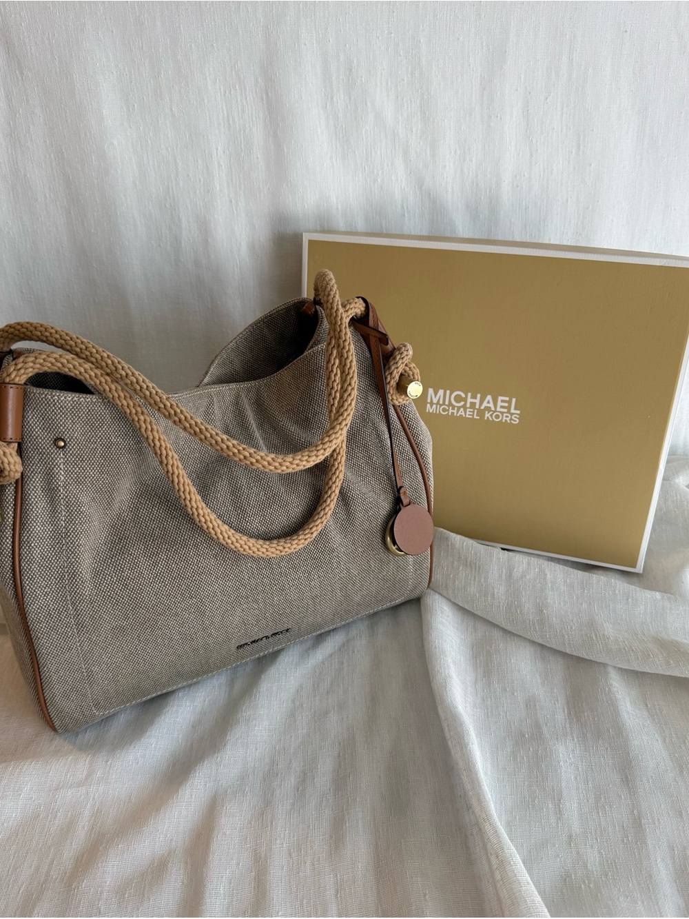 Michael Kors Beige Canvas Shoulder Bag with Rope Handles